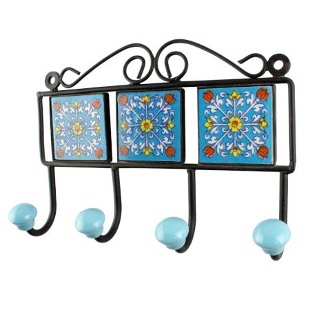 Turquoise Ceramic Floral Tiles Wall Hook